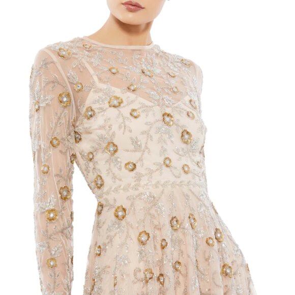 MAC DUGGAL 10799 BEADED ILLUSIONS HIGH NECK LONG SLEEVE A-LINE NUDE DRESS sz 10 - Picture 4 of 5